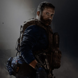 COD Modern Warfare game character turned to the right but with head turned toward us. He is in tactical gear
