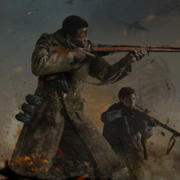 COD Vanguard game art showing black character holding a gun and pointing it to the right. Behind him is a women with a gun slightly lowered. The background is windy and there are planes flying overhead.