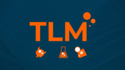 TLM orange logo and three emblems over a blue background