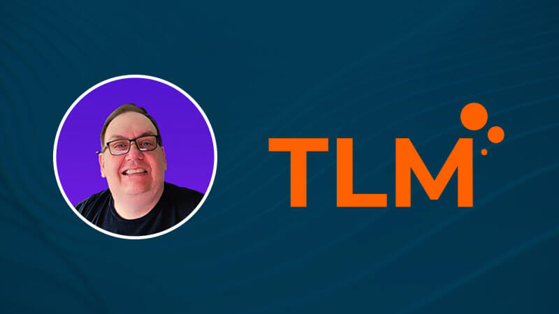 Headshot of Colin Bozwell over blue background with orange TLM logo