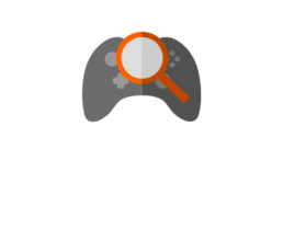 Grey game controller with an orange magnifying glass in front
