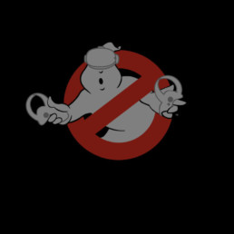 Ghostbusters VR logo showing a white ghost wearing a VR headset and holding VR controllers inside a red prohibited symbol over a black background