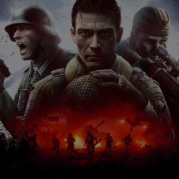 German, American, and Japanese soldiers from the Heroes and Generals Game posed above a fighting scene with soldiers running towards the camera, fire, a tank, and planes.
