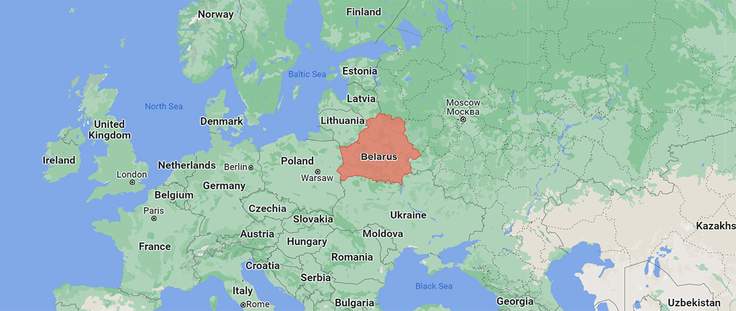 Map of Europe with Belarus highlighted in Red