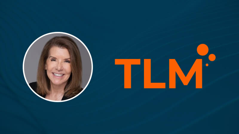 Headshot of Nikki Rohm over blue background with orange TLM logo