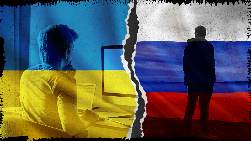 Young man looking at computer on the left side of a ripped paper overlay of Ukrainian flag colors.